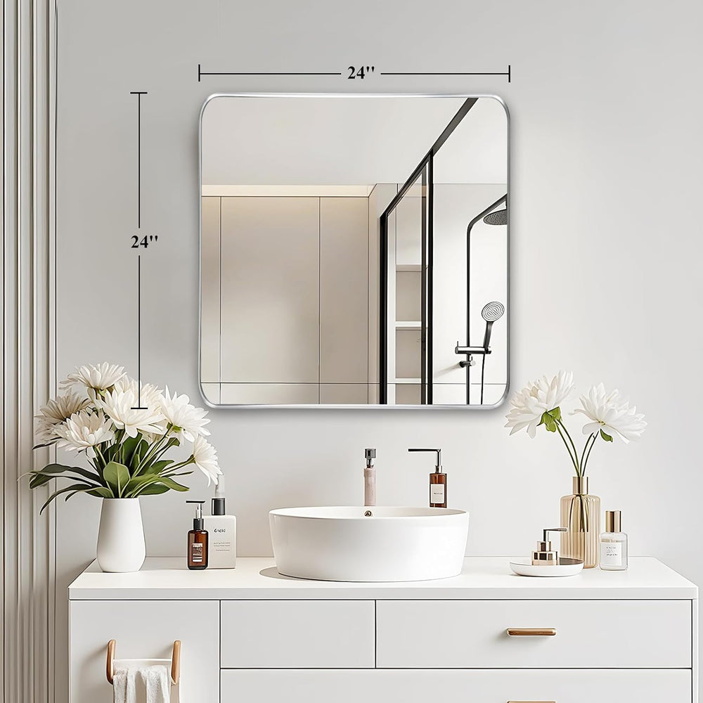 Silver Bathroom Vanity Mirror Over Sink 24x24, Wall Square Mirror, Chrome