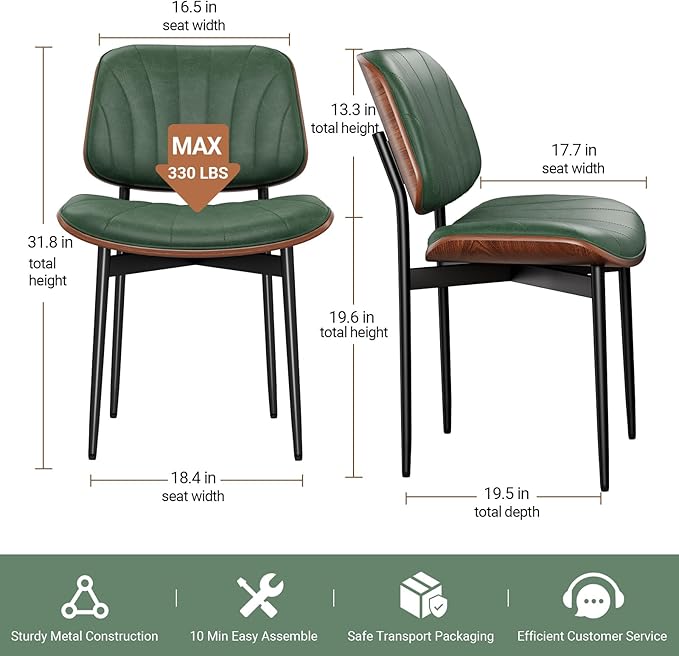 Dining Chairs Set of 2, Mid-Century Modern Upholstered PU Leather Chairs with...