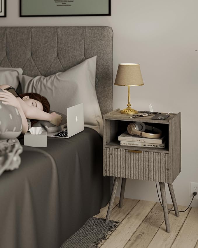 Nightstand with Outlet,Modern Bedside Table with Storage Drawer and Open Wood...