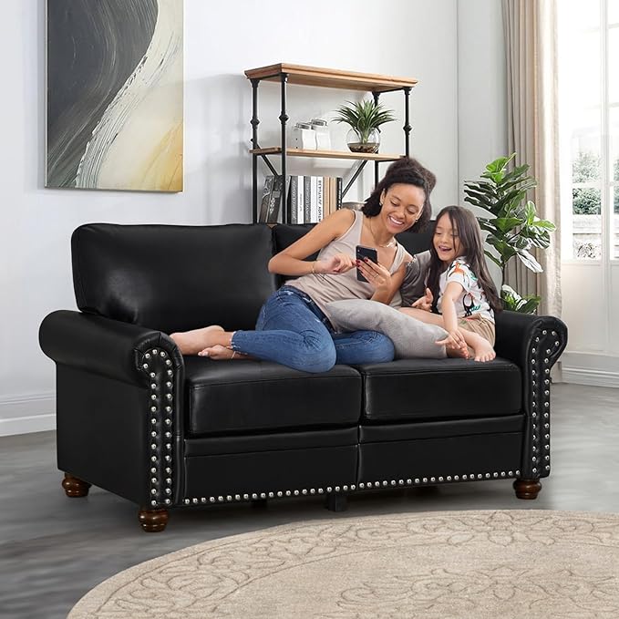 Faux Leather Loveseat Sofa, 59" W Mid Century Modern Couch with Storage,...
