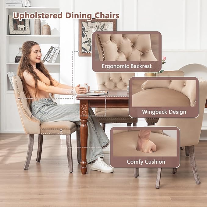 Velvet Dining Chairs Set of 4, Upholstered Dining Room Chairs with Nailhead R...