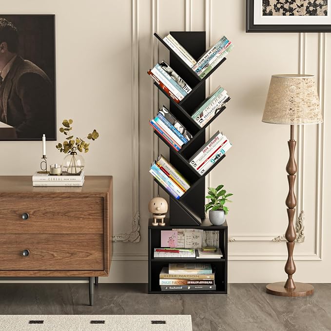 10 Tier Tree Bookshelf,Floor Standing Wood Tall Bookcase for Narrow Space, St...