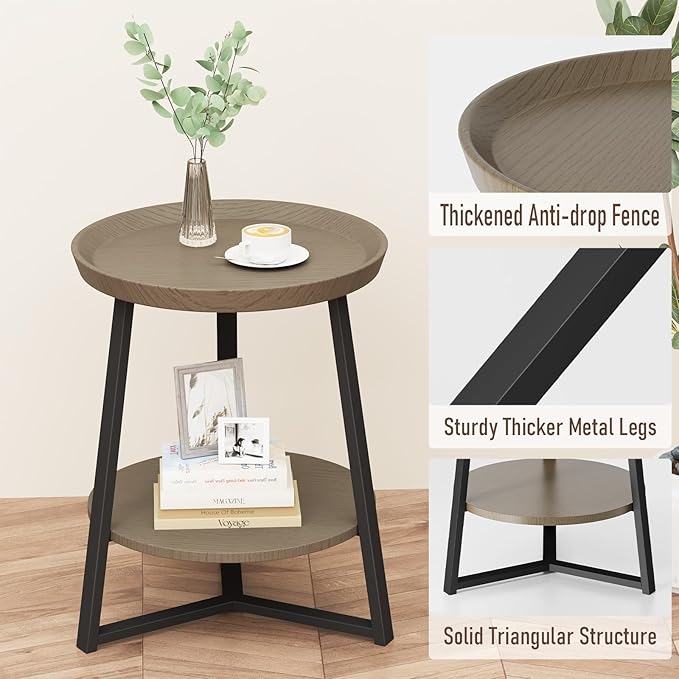 Gadroad Round End Table with Storage Shelf, 2 Tier Farmhouse Side Table Night...