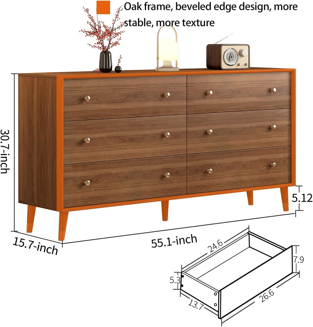 Mid Century Modern 6-Drawer Dresser, 55 Inch Solid Wood Frame Chest, Walnut