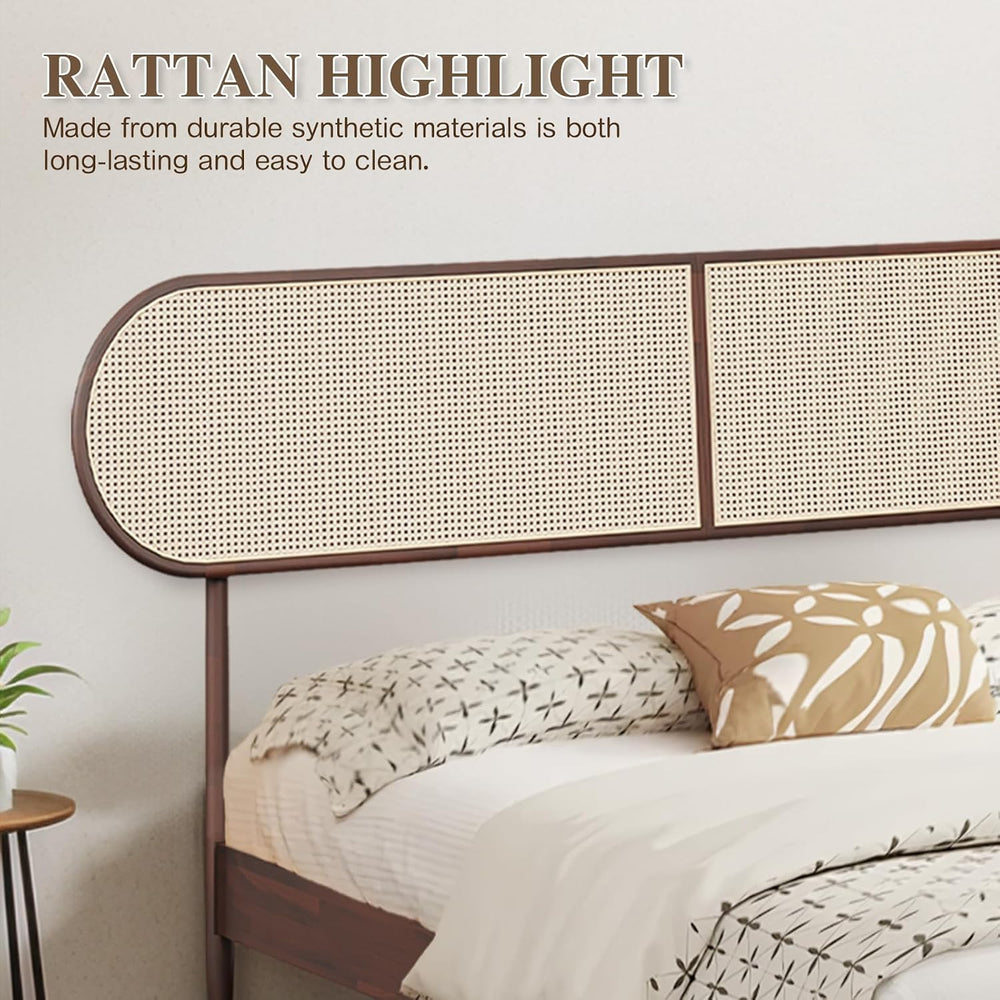 King Bed Frame with Rattan Headboard, Solid Wood Foundation with 12-Slat Wood...