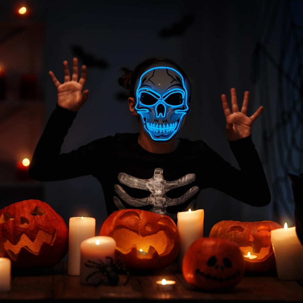 JOYIN Halloween LED Skull Mask with Light Up Gloves, Blue Scary Glow Up Skull...