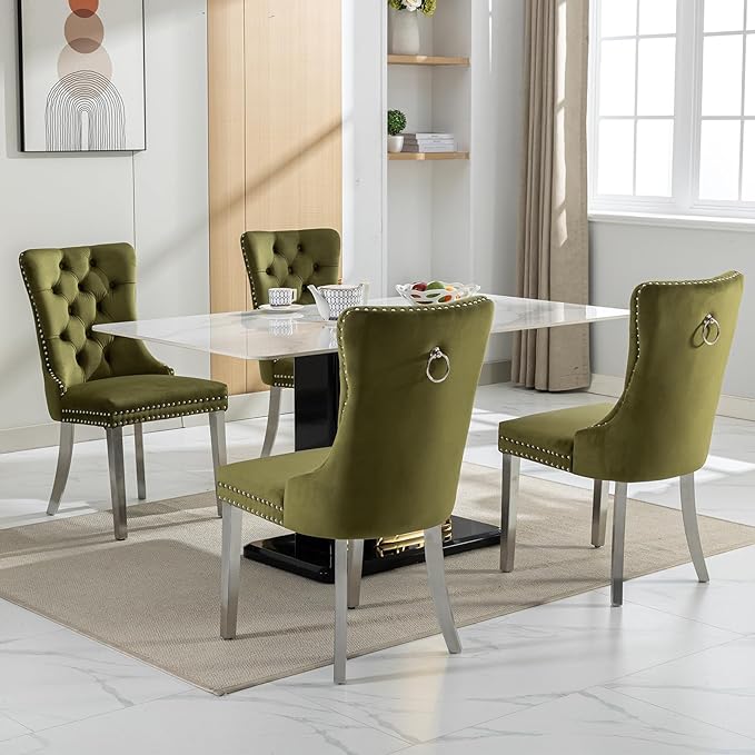 Luxury Upholstered Dining Chairs Set of 6, Olive Green Kitchen Chair with Sil...
