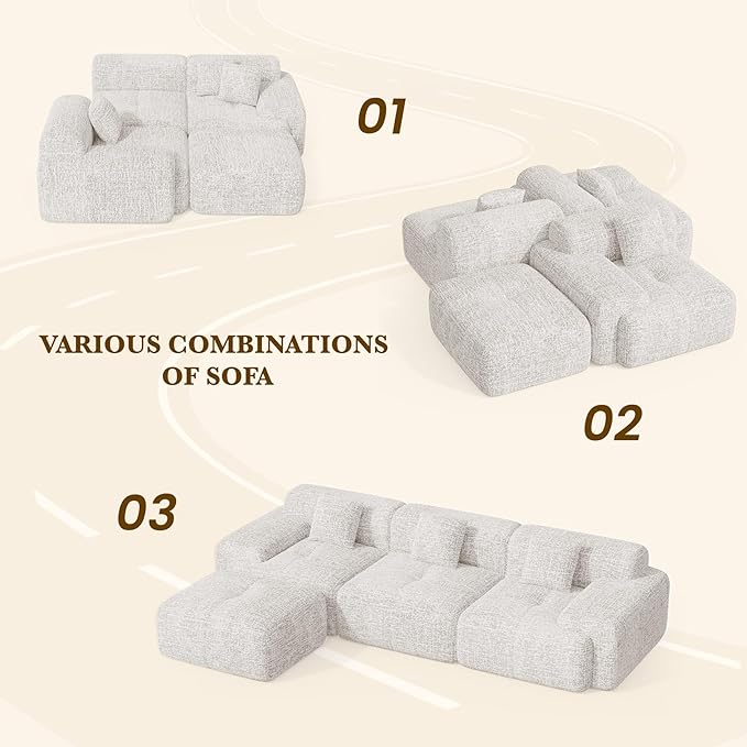 122" L Shaped Convertible Modular Couch, Cloud Couch Sectional with Otto...