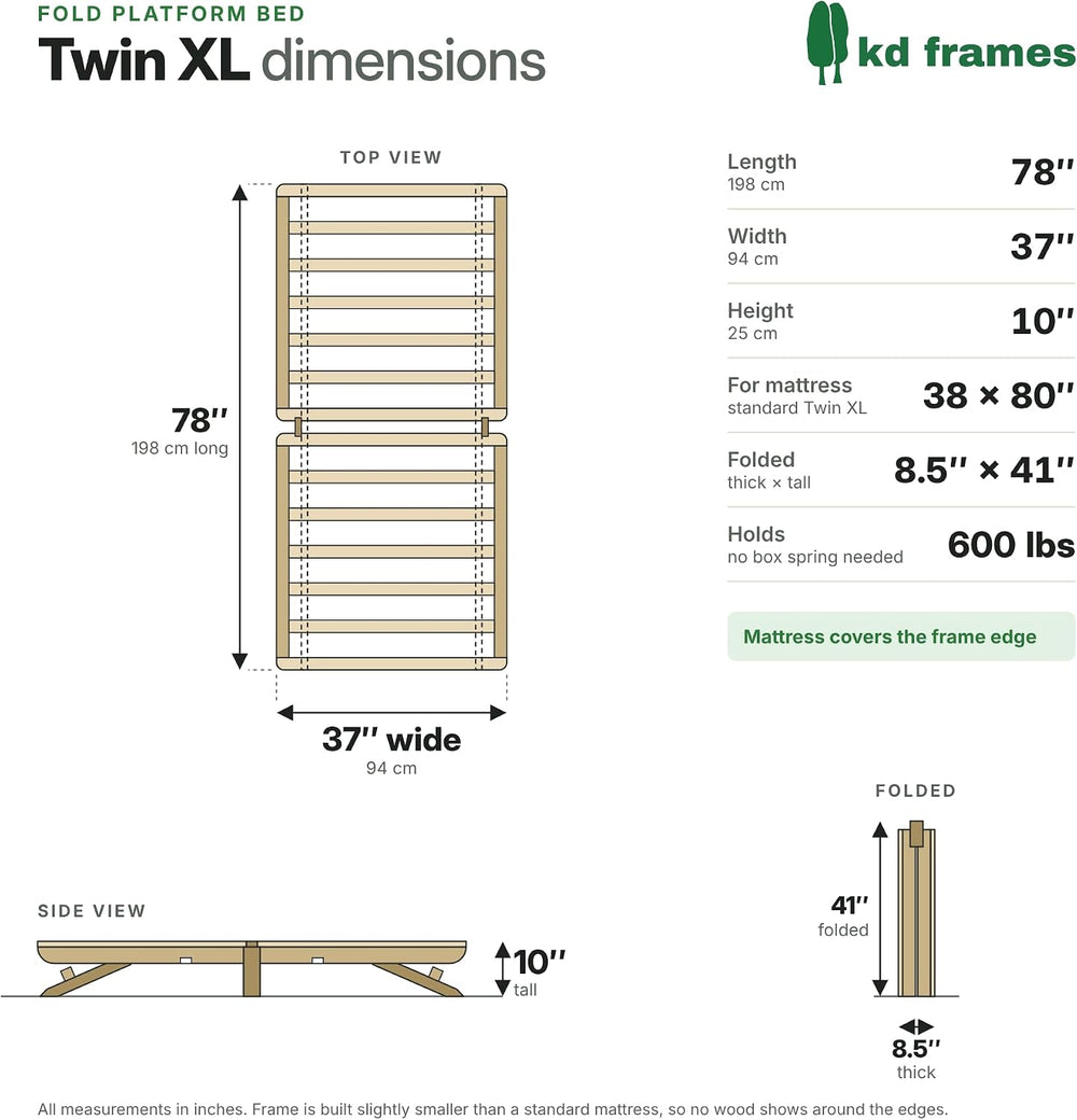 Fold Twin XL Folding Platform Bed, Solid Poplar Wood, Made in USA
