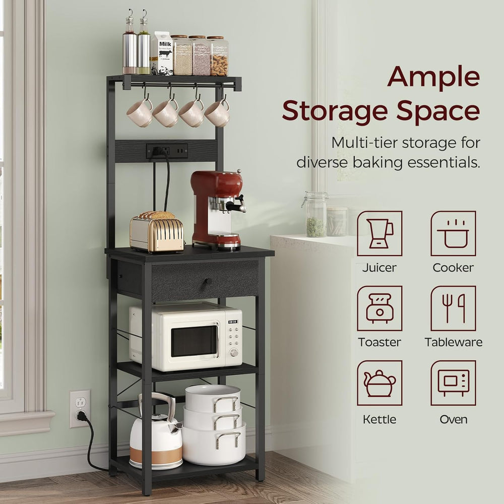 MAHANCRIS Bakers Rack with Drawer, Microwave Stand with Power Outlet, Coffee ...