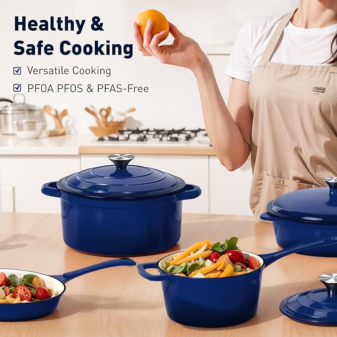 DishDelight 7 Pcs Enameled Cast Iron Pots and Pans Set, Induction Enamel Coated