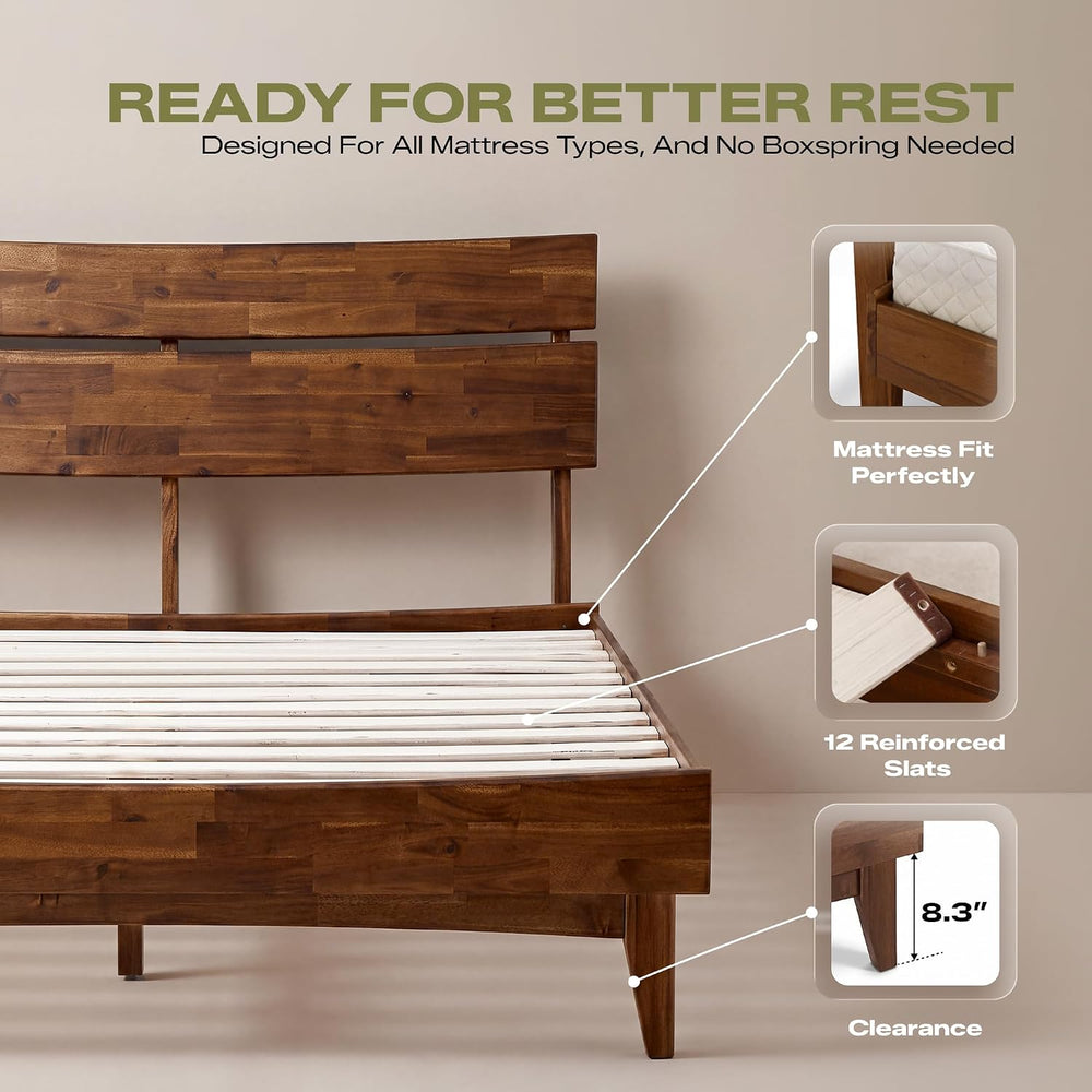 Aurora Acacia Solid Wood Queen Platform Bed Frame with Headboard, Walnut