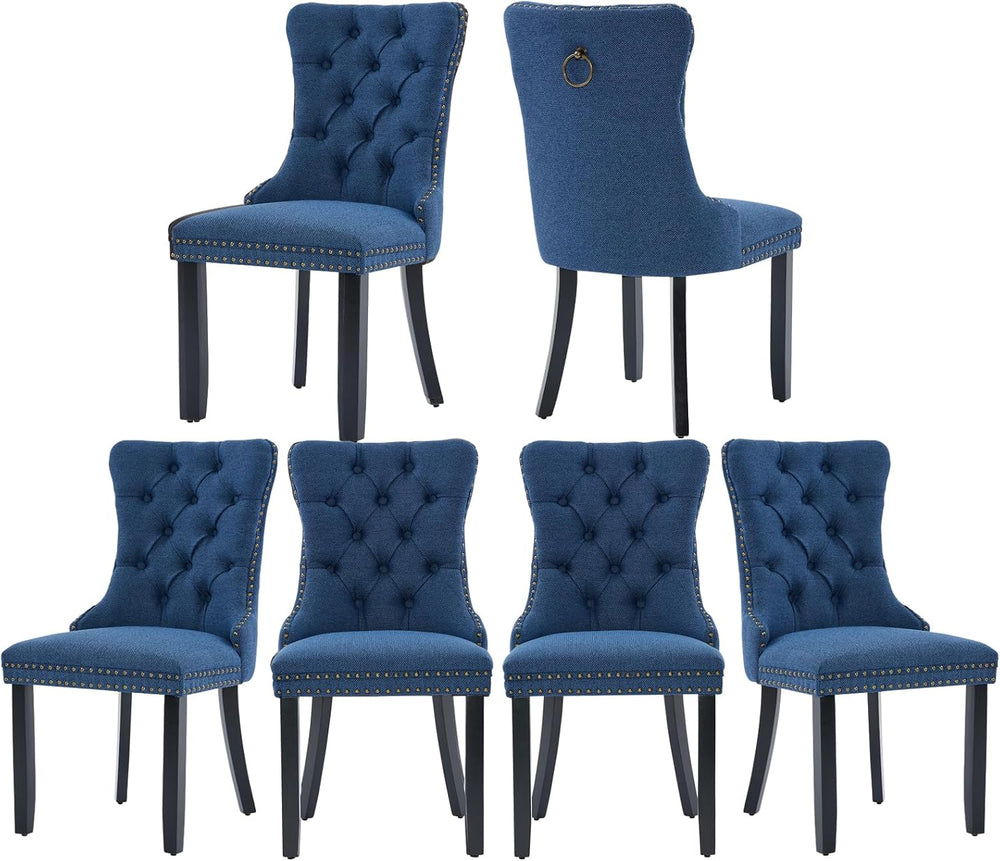 Blue Dining Chairs Set of 6, Upholstered Tufted Linen Fabric Dining Room Chai...