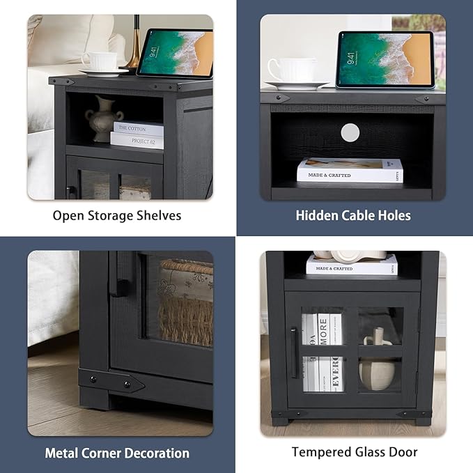 Farmhouse Nightstand with Charging Station, Rustic End Table with Tempered Gl...