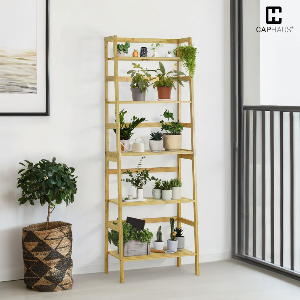 CAPHAUS Bookshelf, 5-Tier Bookcase, Tall Ladder Shelf with Bamboo Frame,Frees...