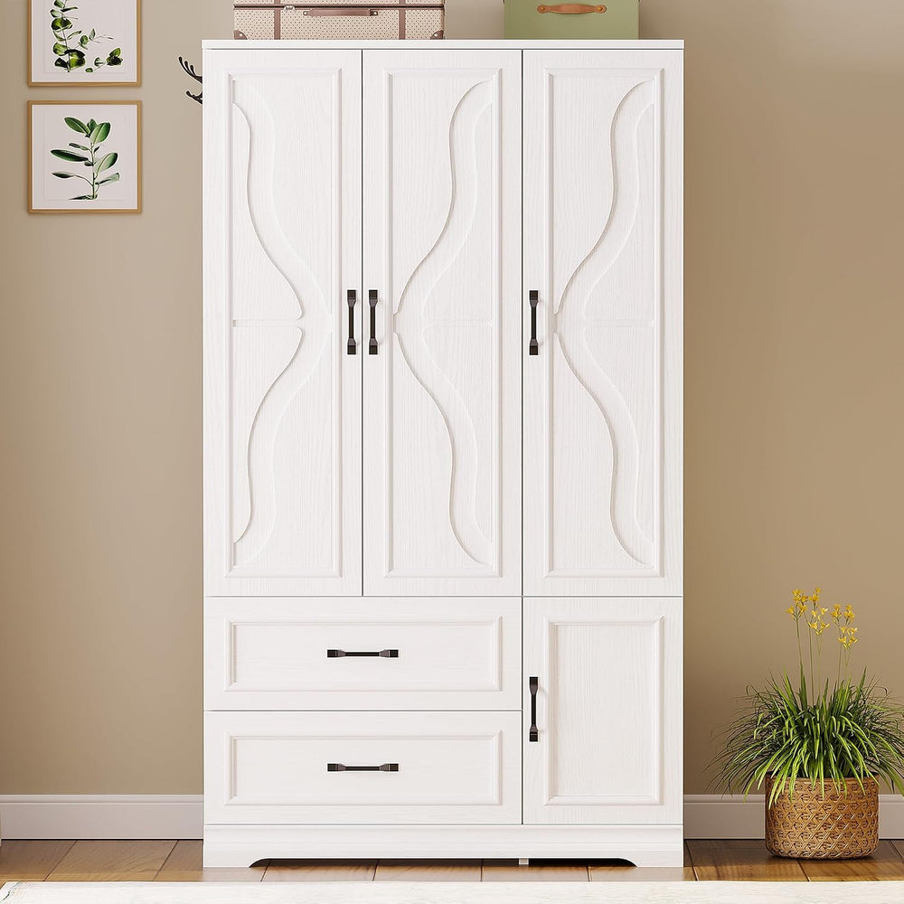 LIKIMIO Armoire Wardrobe Closet with 4 Doors and Drawers, White