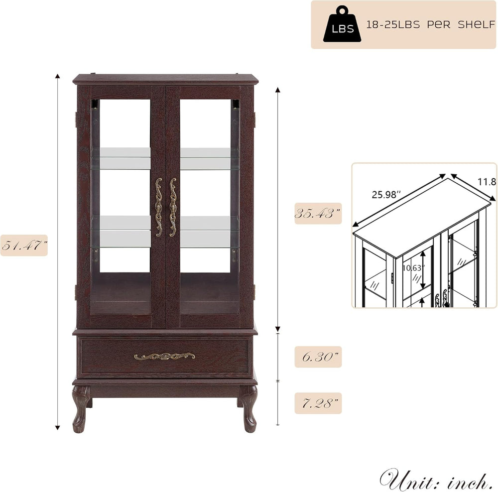 52" Lighted Accent Curio Cabinet, 3-Tier Antique Storage Cabinet with Te...