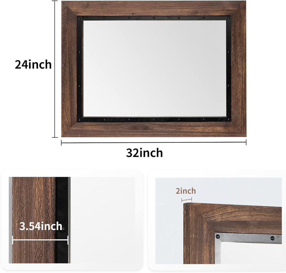 YOSHOOT Rustic Wooden Framed Wall Mirror, Natural Wood and Iron Bathroom Vani...