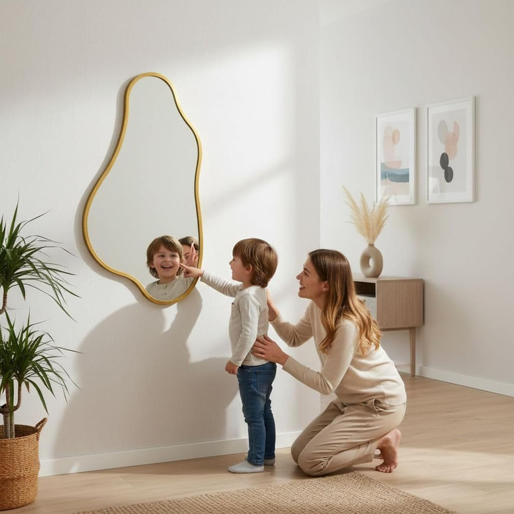 32x18 Inch Irregular Wall Mirror, Vertical Wavy Design, Gold Asymmetrical Met...