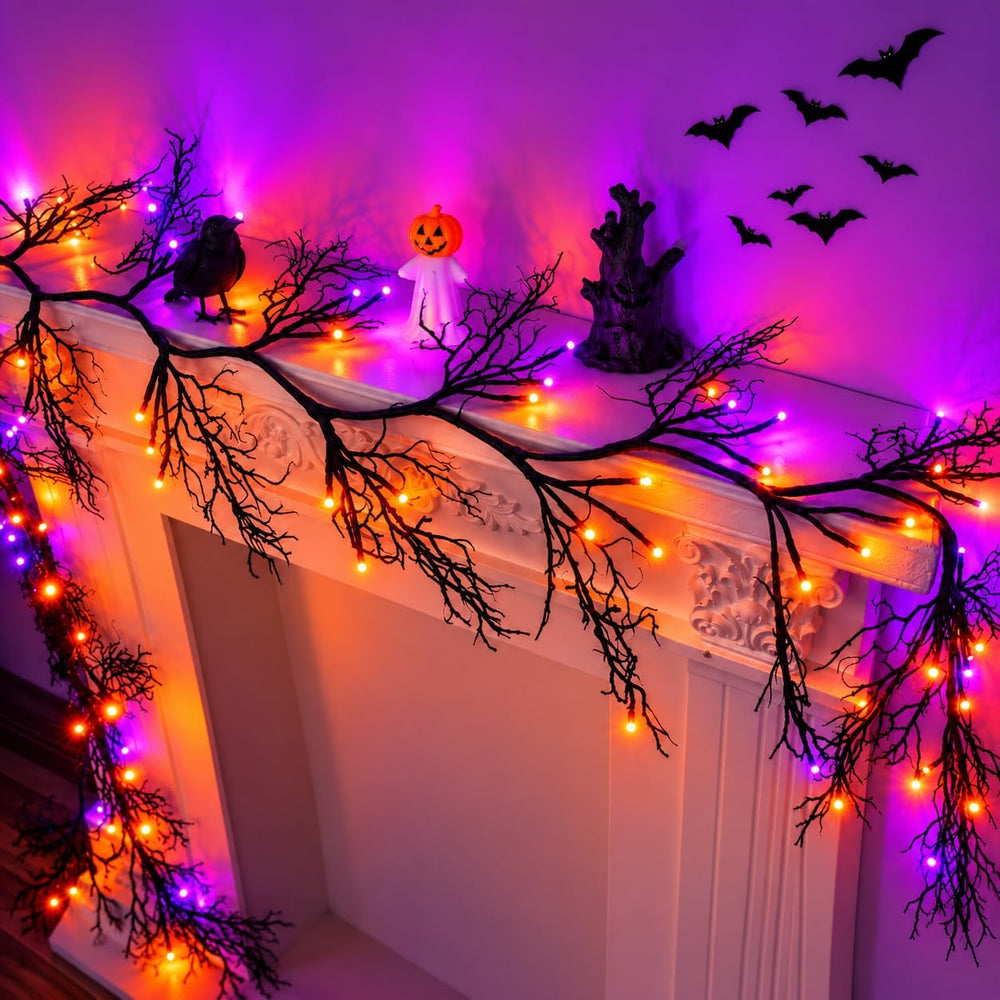 9Ft Lighted Halloween Garland Decorations Indoor, 66 LED Orange & Purple ...