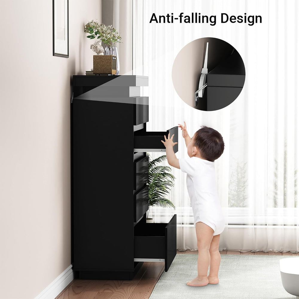 51" Tall Gloss 6 Drawer Dresser with Adjustable LED Light, Black
