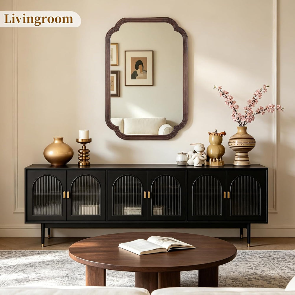 HOMECOOKIN Wood Bathroom Mirror for Wall Decor Arched Rounded Corner Rustic W...