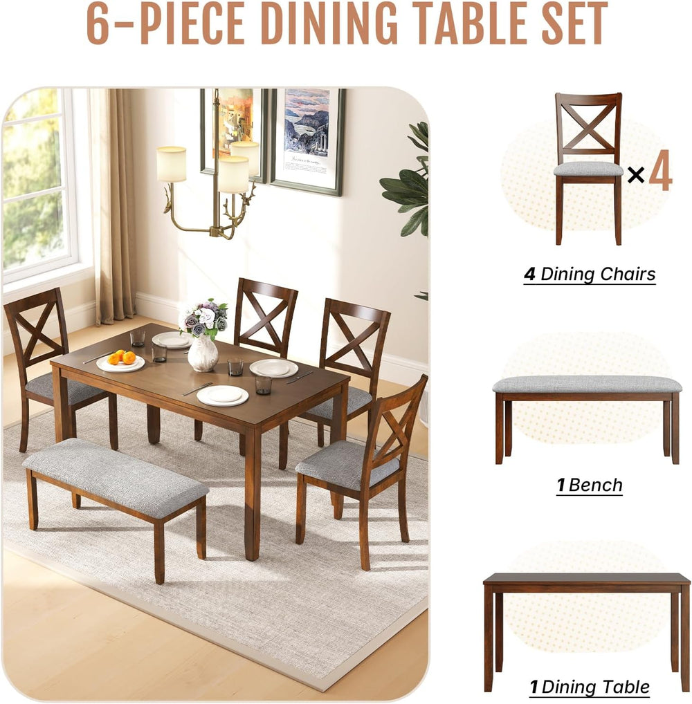 Zevemomo 6-Piece Wooden Dining Table Set, Wooden Legs Dining Table, Walnut | ...