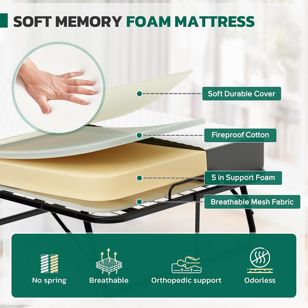 Greenvelly Folding Bed with 5 Inch Mattress, 75” x 38” Portable Rollaway Bed ...