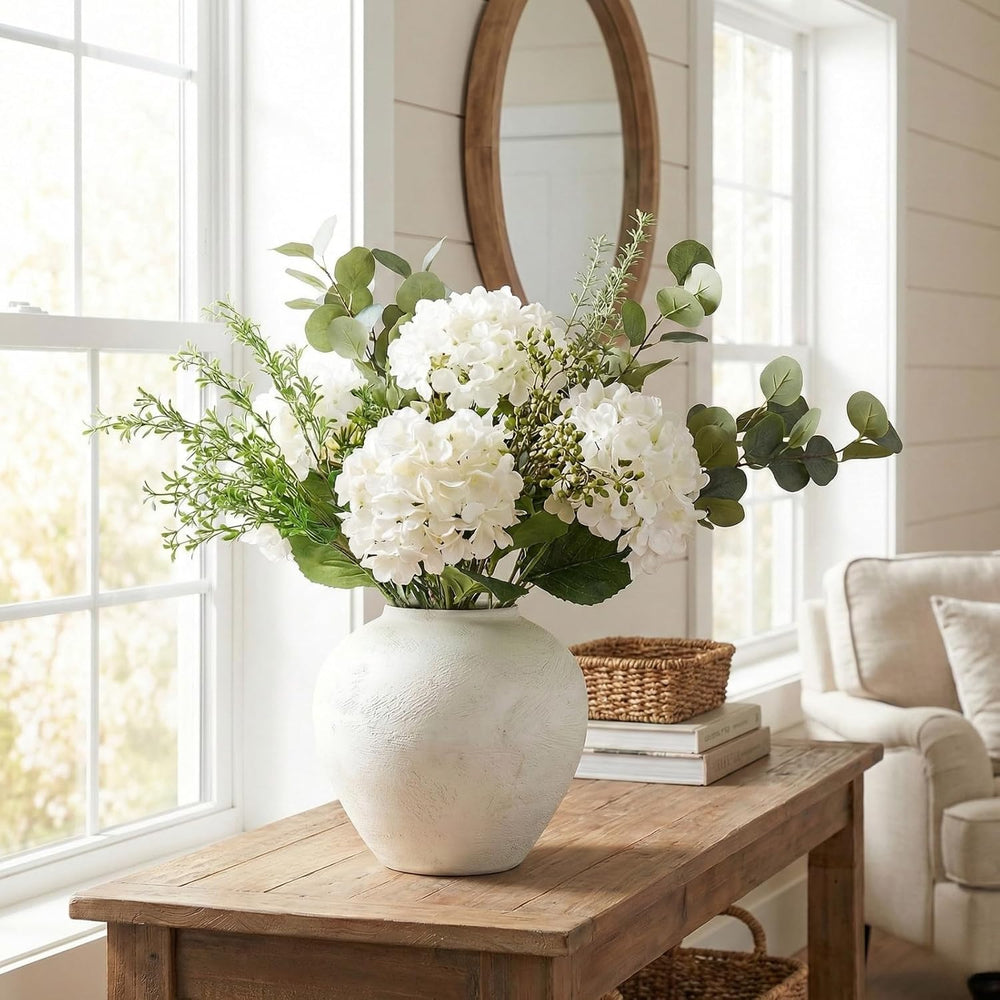 Faux Arrangement - Eucalyptus & White Hydrangea Flowers, Large Artificial...