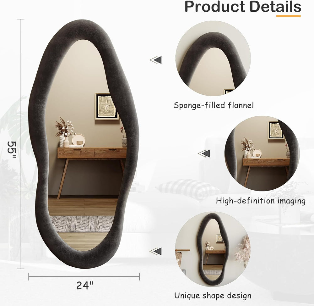Honyee 55" x 24" Wavy Mirror, Flannel Wrapped Wooden Frame, Irregul...