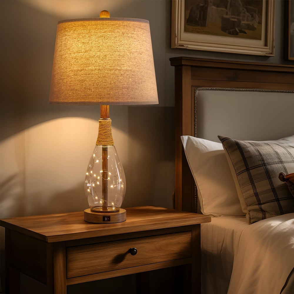2 in 1 Bedside Table Lamps Set of 2, Farmhouse Glass Lamp, Wood-Like