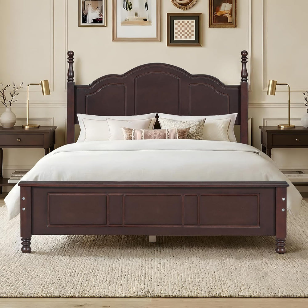 Dark Walnut Wood Bed Frame Full Size with Wave Shaped Headboard