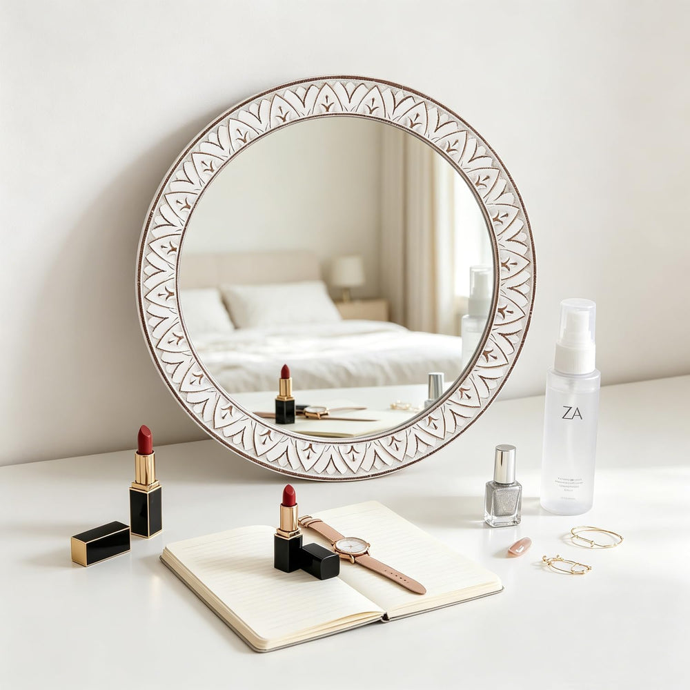 12in Round Mirror Farmhouse Wooden Frame Circle Mirrors, Rustic Decorative Di...