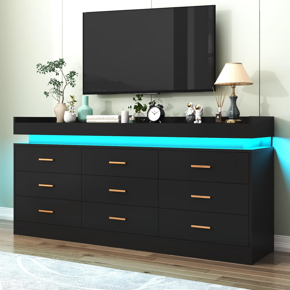 9 Drawer Dresser with LED Light and Charging Station, Modern Chest of Drawers...