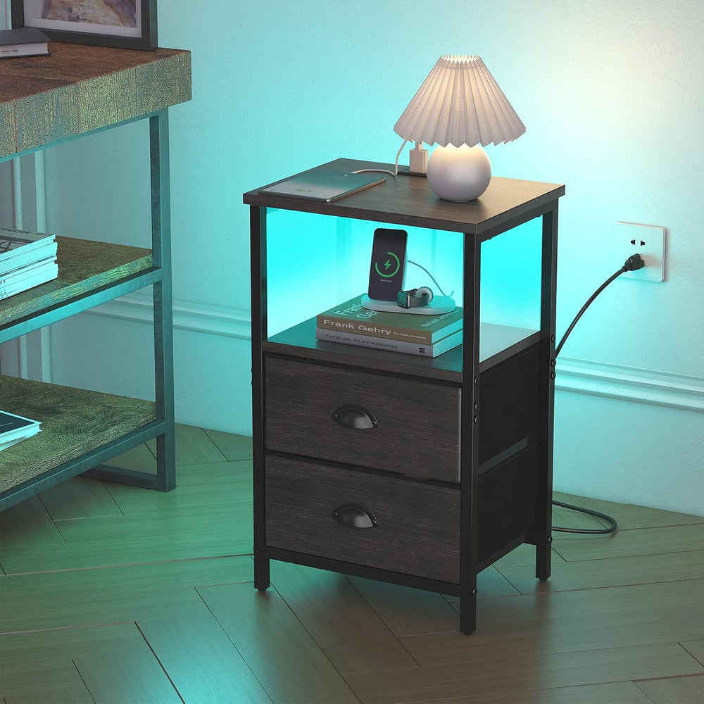 sthmec Nightstand with Charging Station, LED Night Stand Set of 2, Bedside Ta...