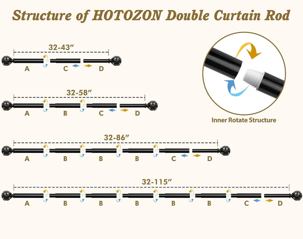 HOTOZON Curtain Rods for Windows 2 Pack 32-86 Inches, Black