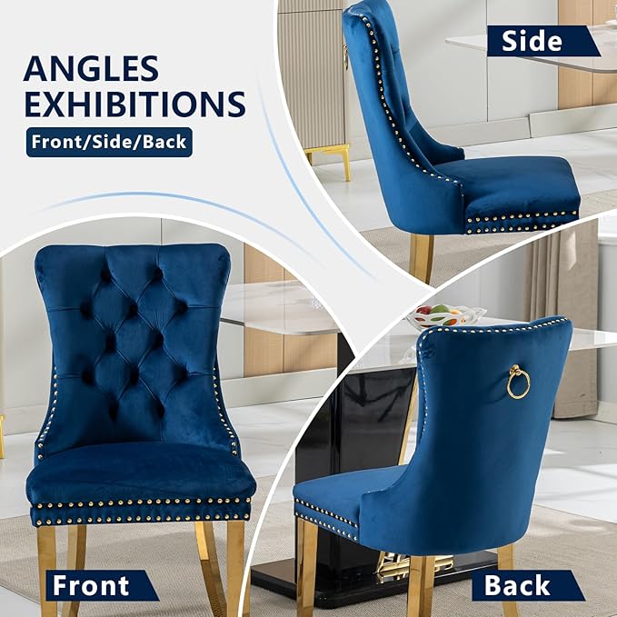 Blue Velvet Dining Chairs Set of 4, Dining Room Chairs Set of 4, Tufted Uphol...