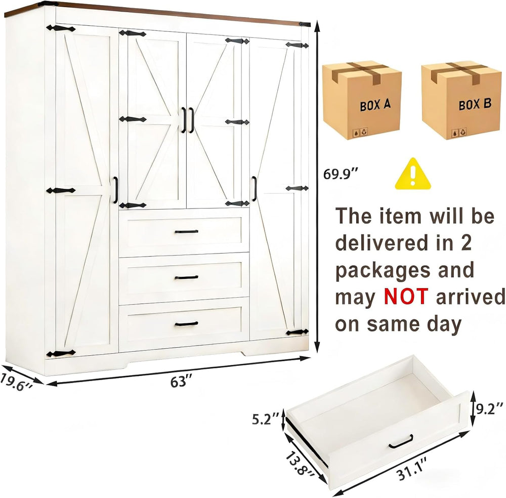 4 Door Armoire Wardrobe Closet Cabinet with 3 Drawers and Drawers, Farmhouse ...