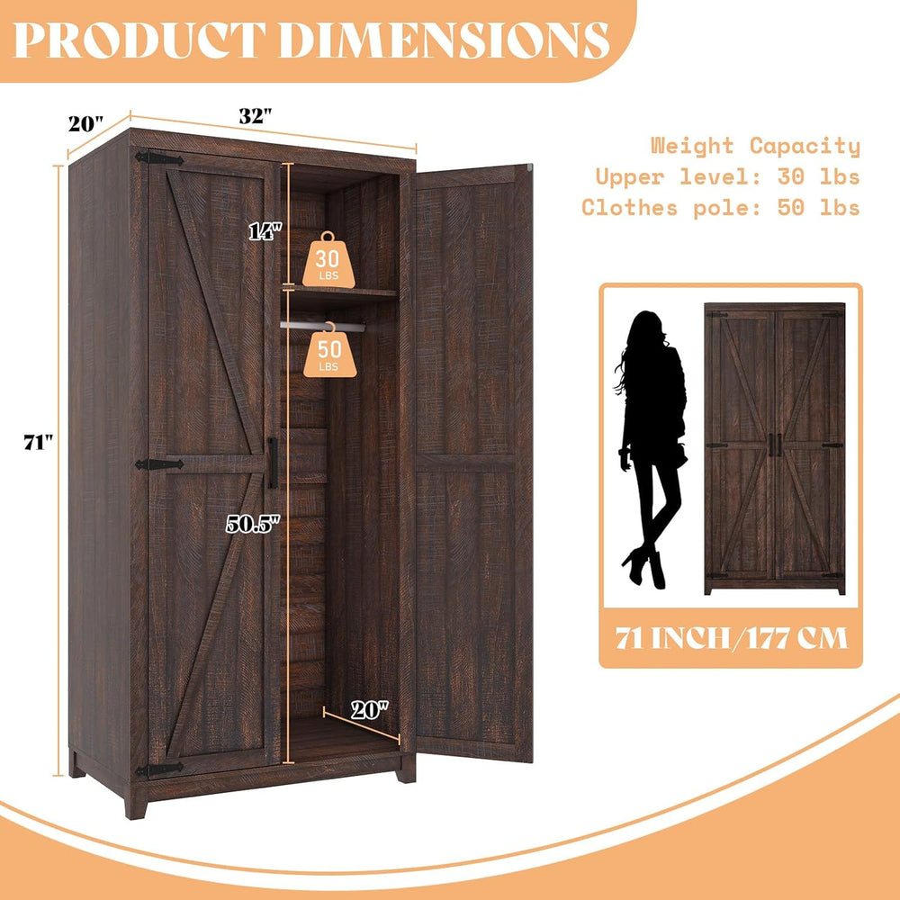 AMERLIFE 71" Farmhouse Wardrobe Closet with Hanging Rod & Barn Doors