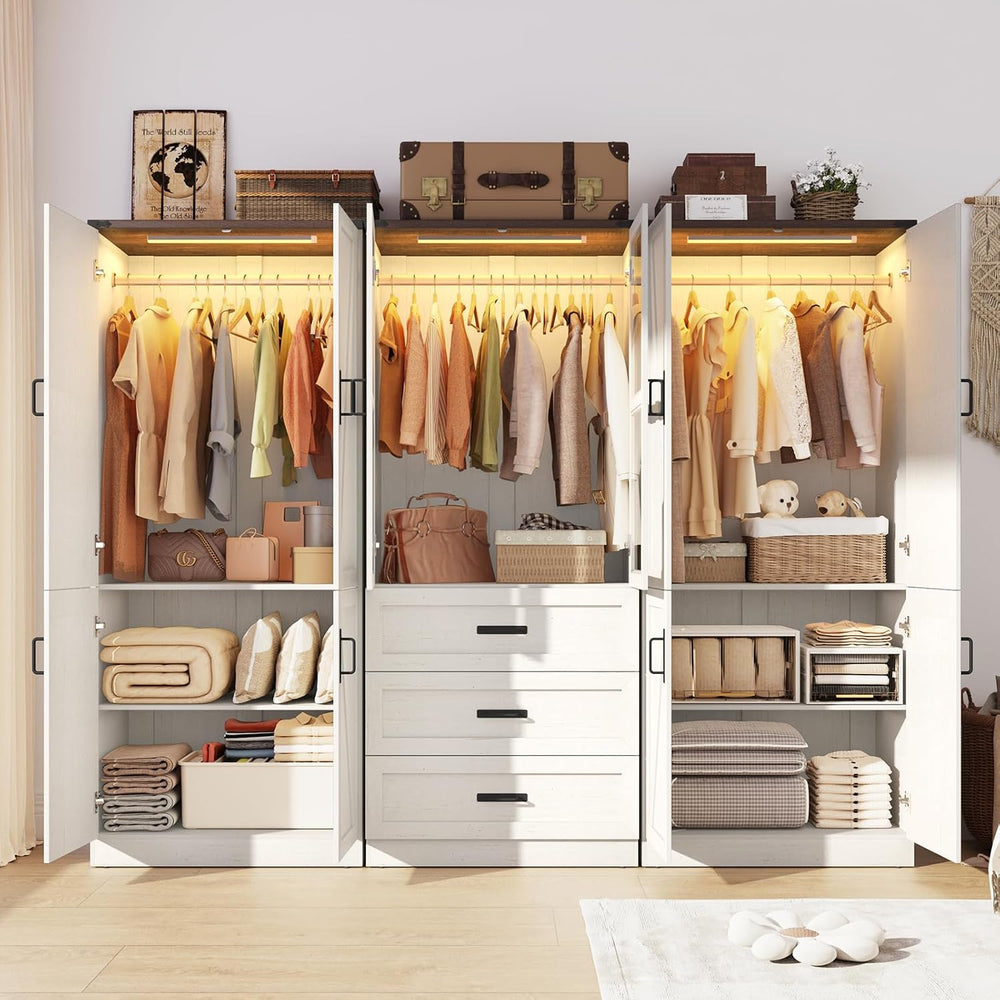 75" Tall Farmhouse 6 Doors Armoire Wardrobe Closet with 3 Drawers and LE...