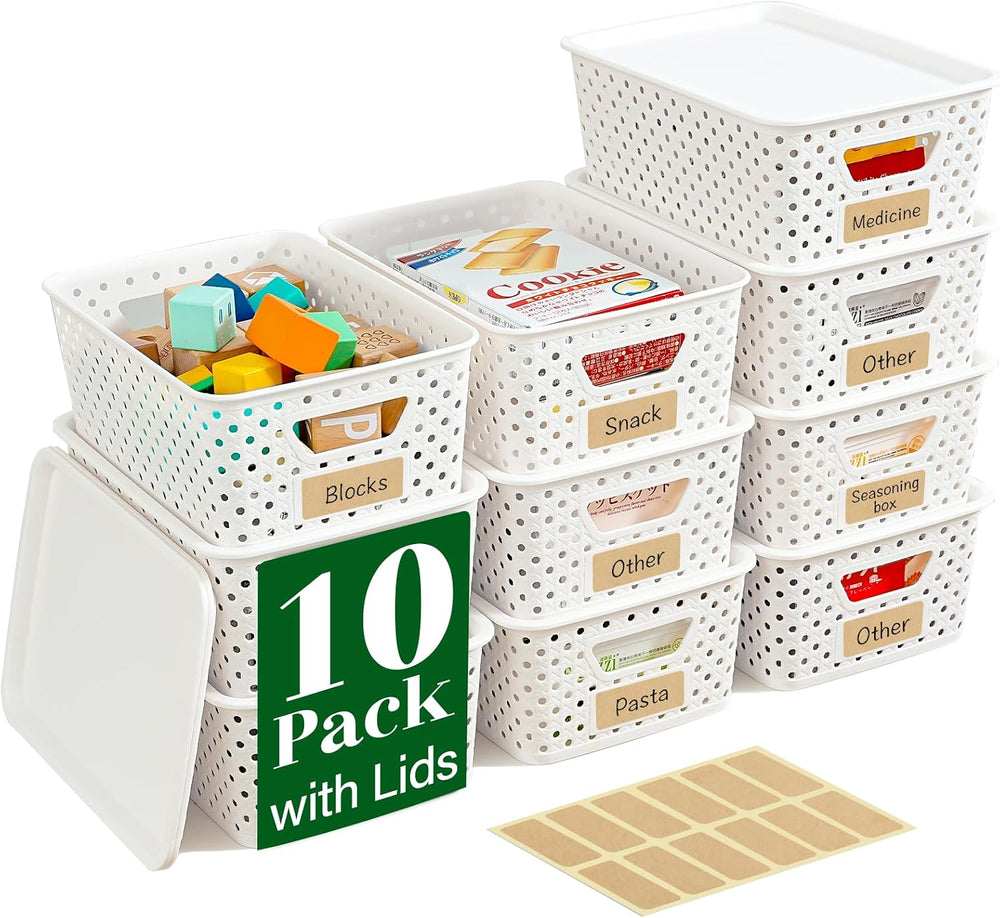 10 Pack Small Plastic Storage Bins with Lids, Stackable Plastic Storage Baske...