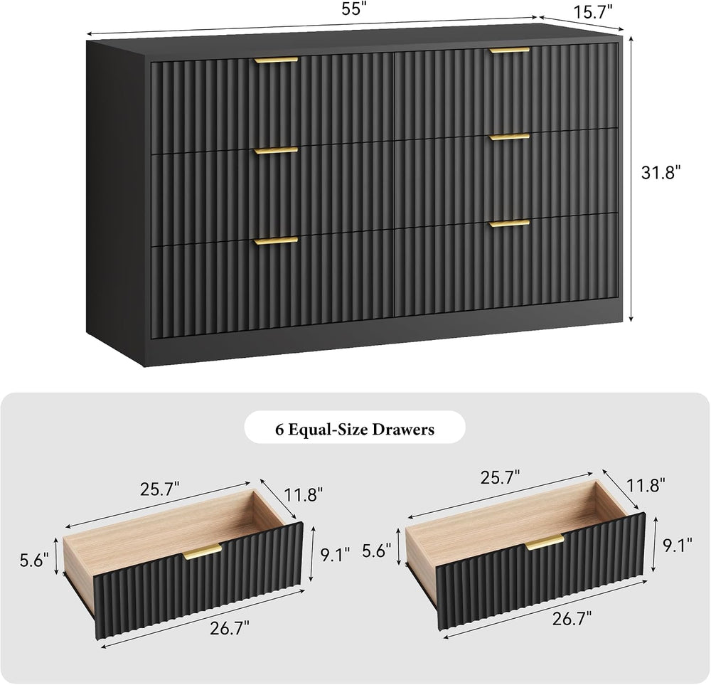 55" Wide Fluted Dresser for Bedroom with 6 Drawers, Black