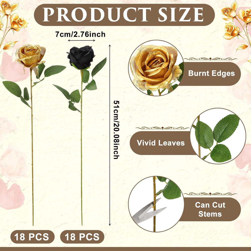 36 Pcs Silk Black Gold Rose Bouquet Bridal Artificial Flowers