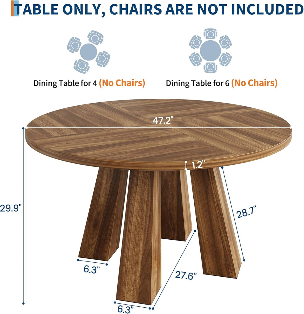 47 Inch Round Farmhouse Dining Table for 4-6, Heavy-Duty 4-Leg Sturdy Wood Ki...