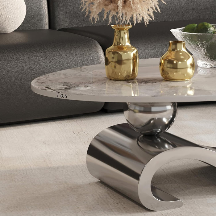 52" Oval Marble Coffee Table for Living Room, Modern Stainless Steel Silver Metal Base, Scratch-Resistant Accent Table, Luxury Center Table for Home Decor, Easy Assembly