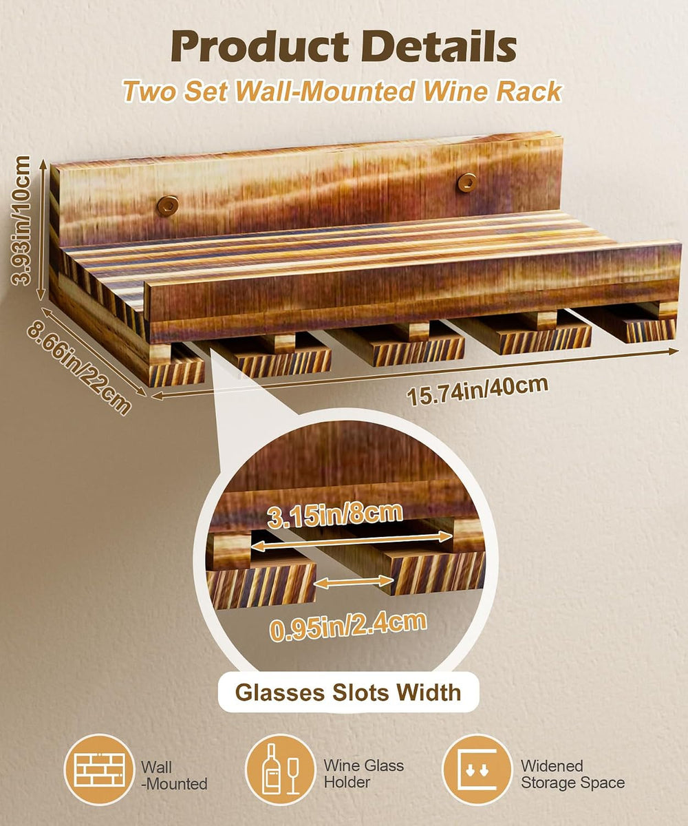 Homde Wall Mounted Wine Rack: 2-Pack Pine Wood Bar Shelf Set | Wine Storage f...