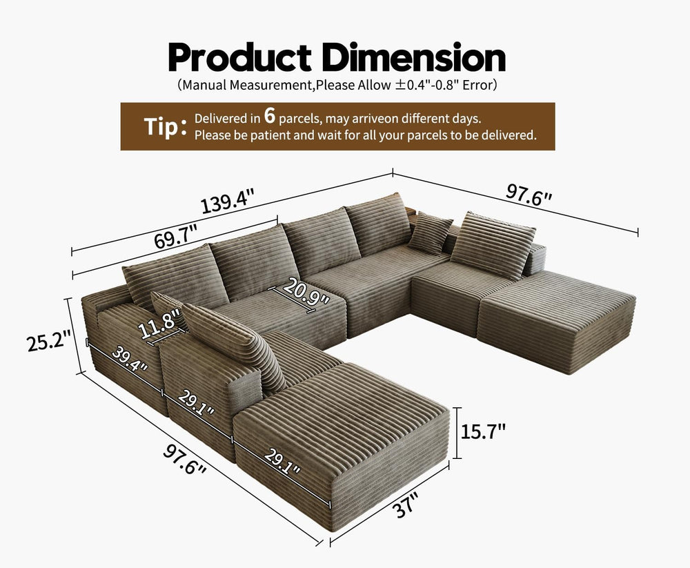 139.4" Modular Sectional Sofa Couch, Oversized U-Shaped Minimalist Couch...