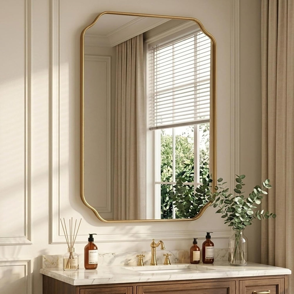 30"x22" Gold Bathroom Wall Mirror, Scalloped Edge Vanity Mirror