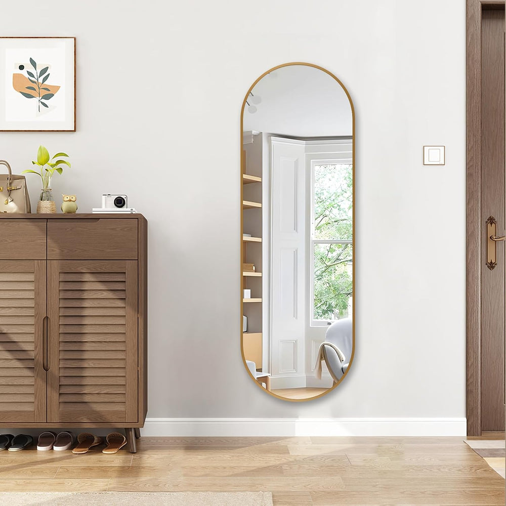 Oval Full Length Mirror, 48"×16" Wall-Mounted Mirror with Metal Fra...