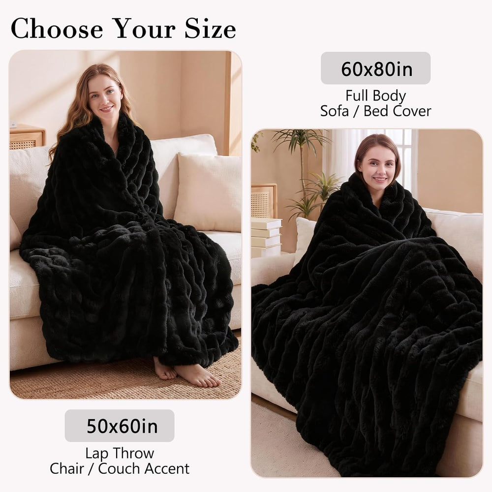 Black Faux Fur Throw Blanket for Couch Bed Fuzzy Plush Fluffy Soft Blanket fo...